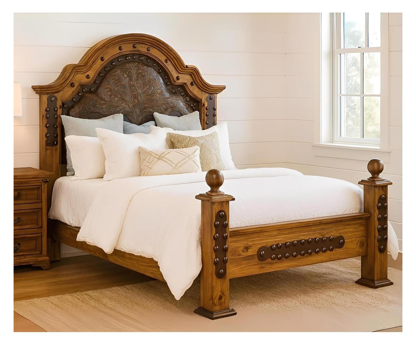 Canyon Spur Rustic Honey Oak Wood Bed With Leather & Studded Posts - Includes Full Service Delivery