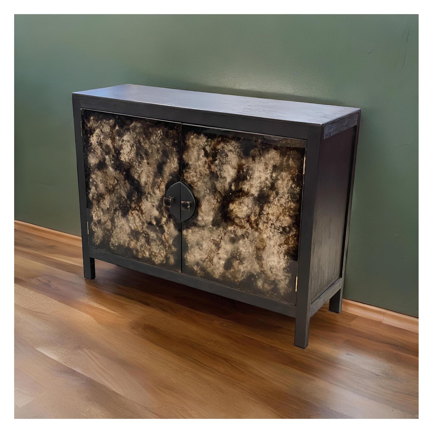 Issenheim Chest, Black, Distressed Faux Marble Look Doors With Round Metal Hardware