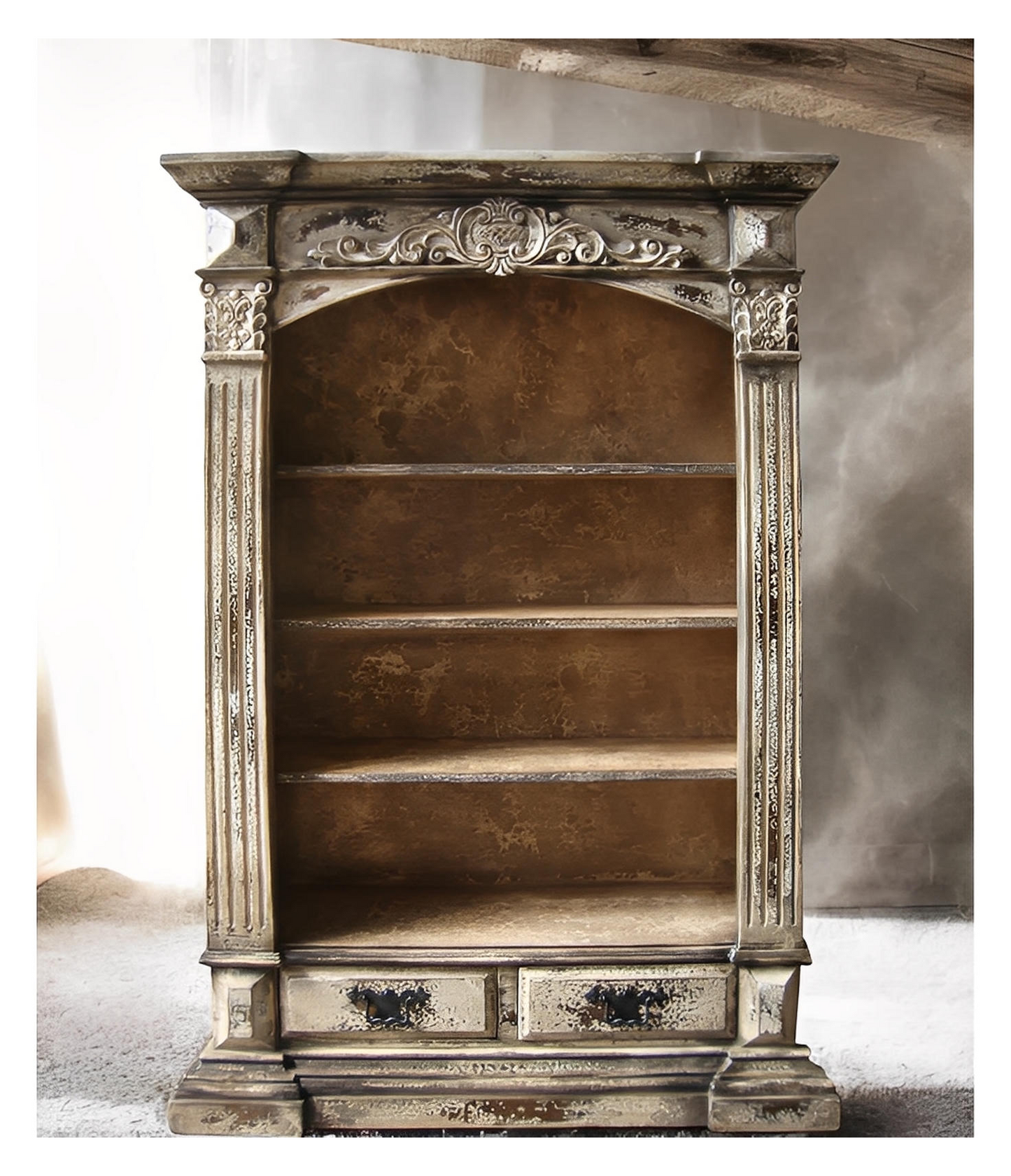 Cluny Bookcase, Antique Silver Distressed Finish, Arched Top With Ornate Carvings And Two Drawers