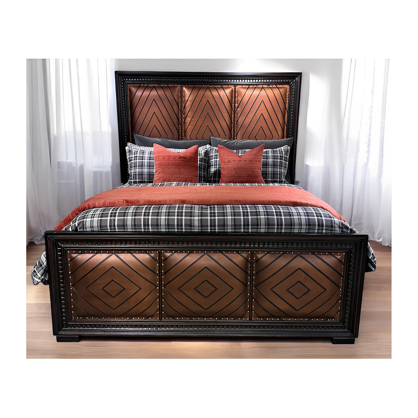 ANDES BEDROOM SET, 79.5" Tall - Upholstered Leather, Dark Brown Wood Frame - Includes Delivery and Assembly