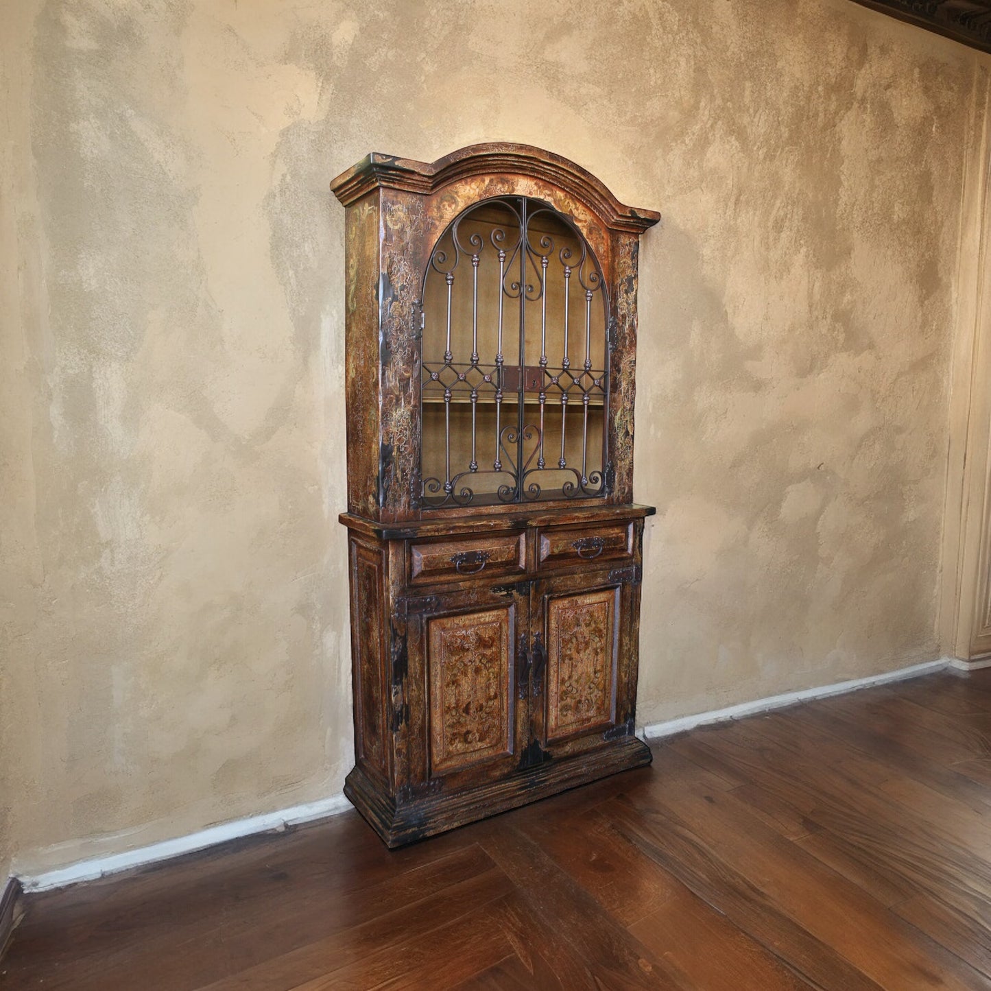 Argenton-sur-Creuse Armoire, Distressed Brown, Arched Top With Decorative Iron Grille