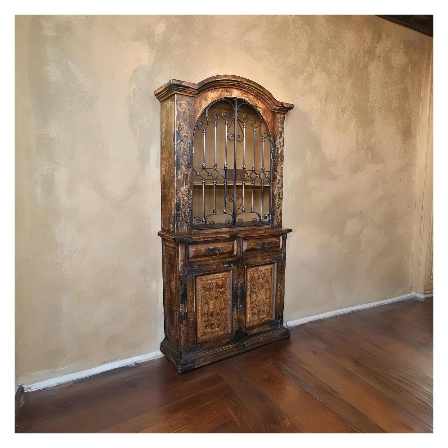 Argenton-sur-Creuse Armoire, Distressed Brown, Arched Top With Decorative Iron Grille
