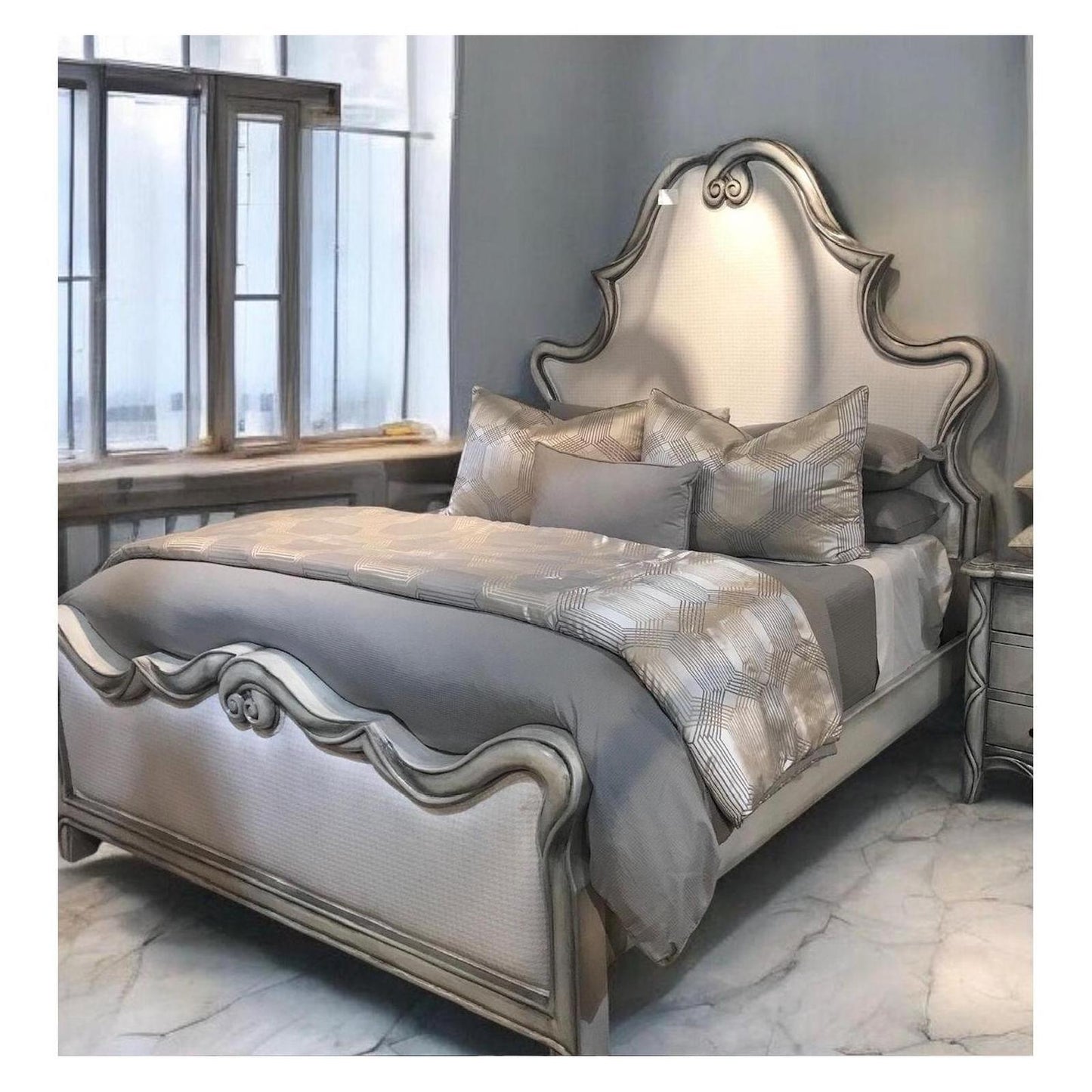 GRACE BED 88" Tall | Luxury French European Style | Upholstered Fabric | White Wood Frame | Bed Only | Includes Delivery and Assembly