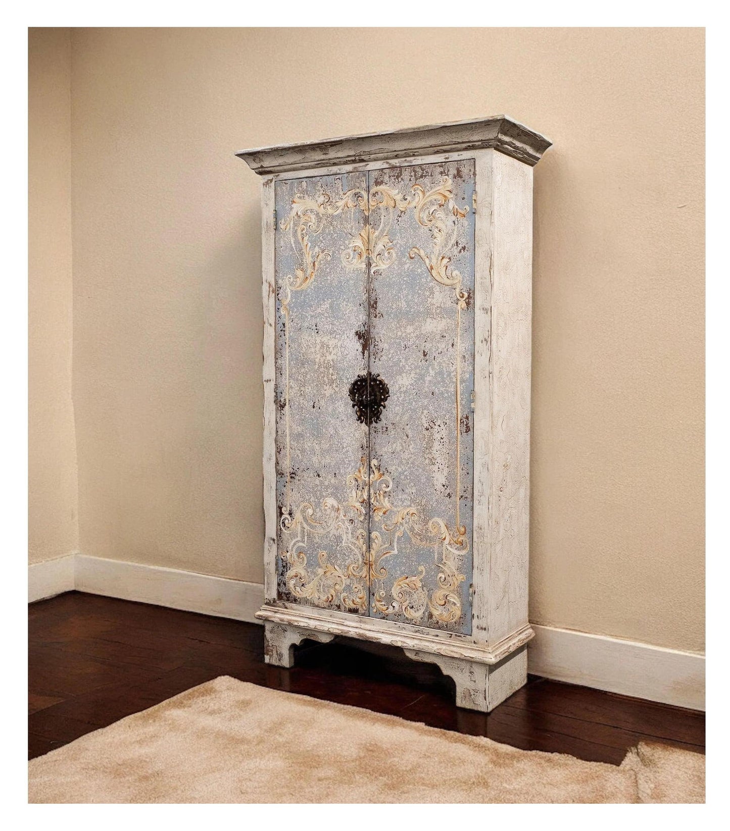 Arles-sur-Tech Armoire, Distressed Powder Blue With Whitewash, Hand-Painted Ornate Scrollwork