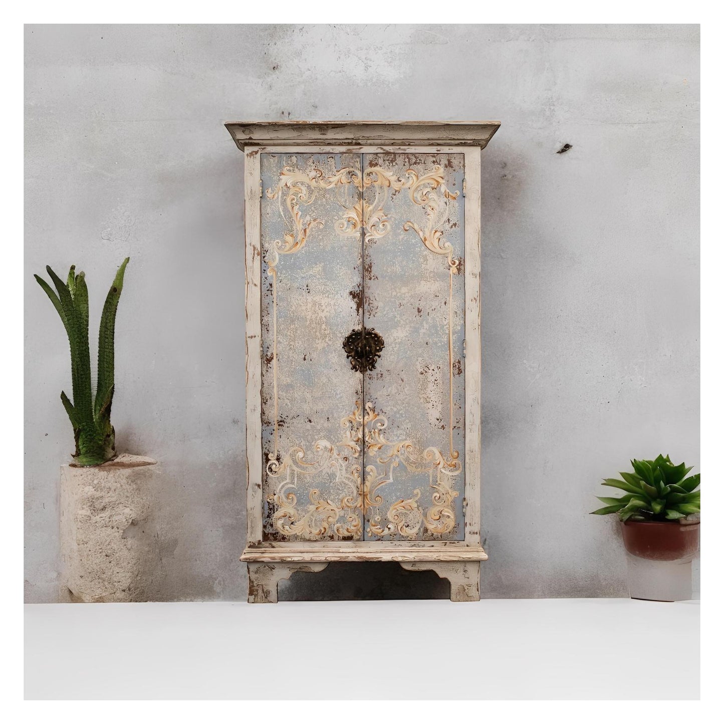 Arles-sur-Tech Armoire, Distressed Powder Blue With Whitewash, Hand-Painted Ornate Scrollwork