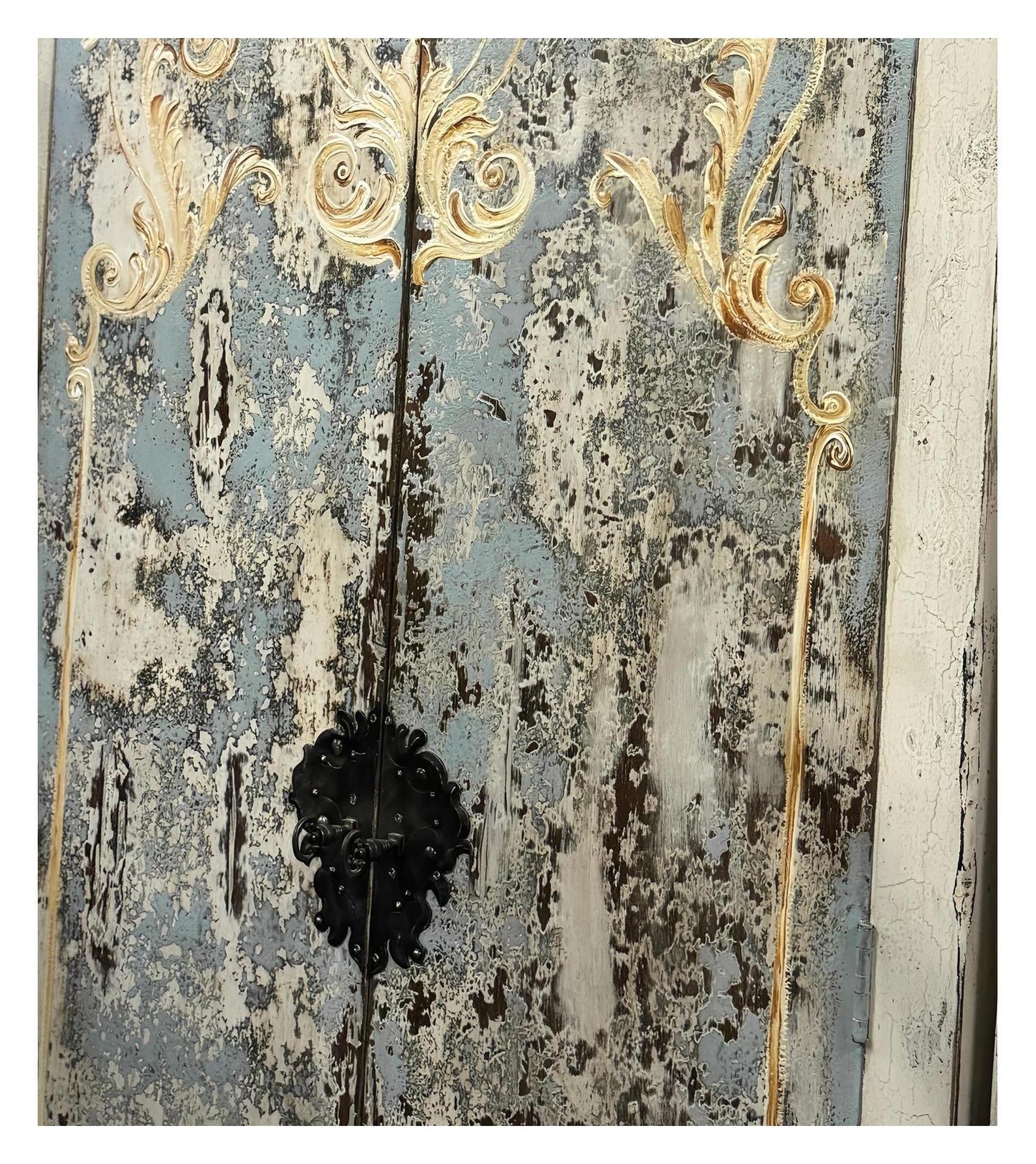 Arles-sur-Tech Armoire, Distressed Powder Blue With Whitewash, Hand-Painted Ornate Scrollwork