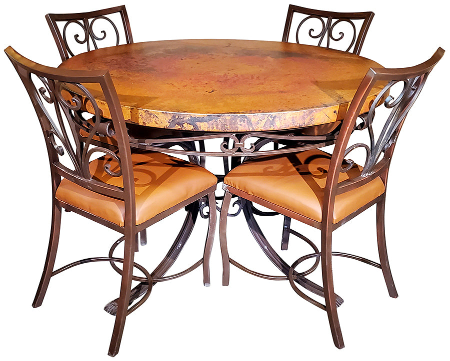 Florence 48" Round Copper Top Dining Table with 4 Iron Scroll-Back Chairs