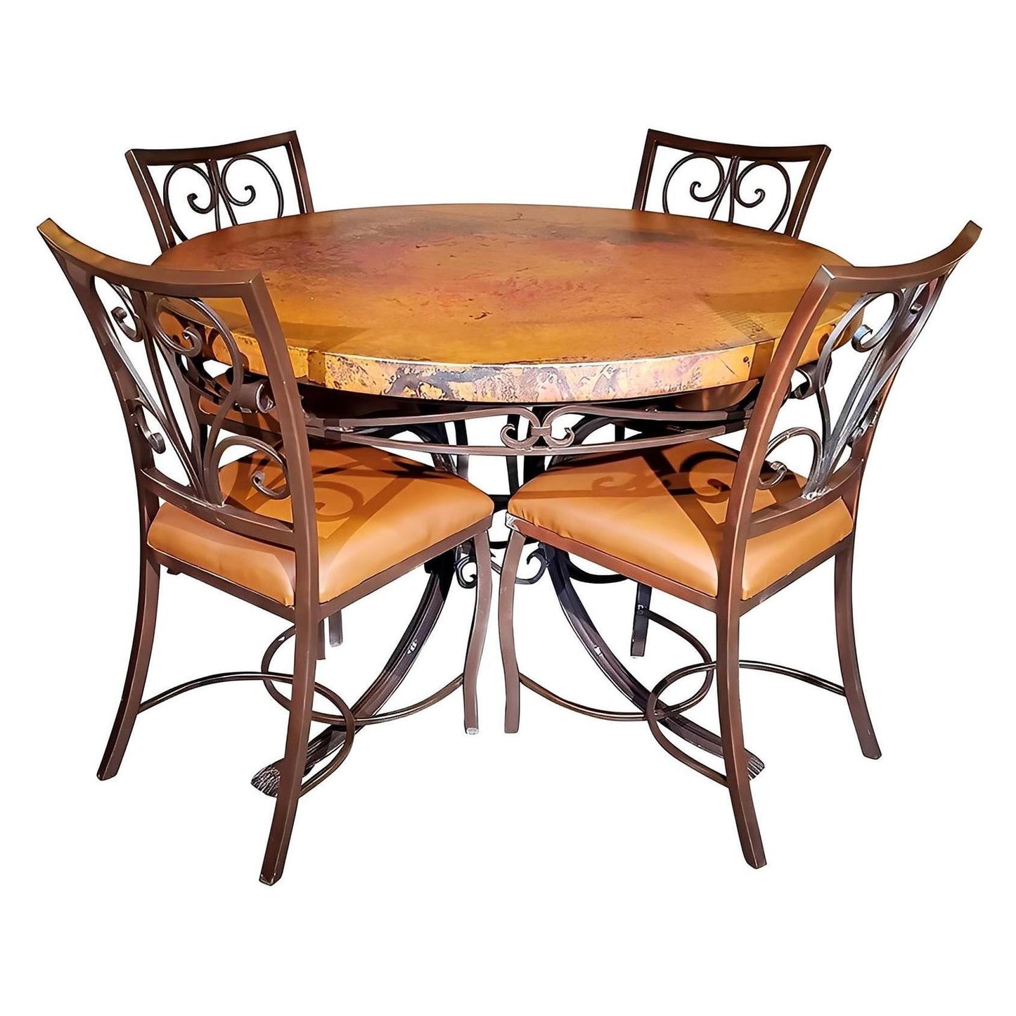 Florence 48" Round Copper Top Dining Table with 4 Iron Scroll-Back Chairs