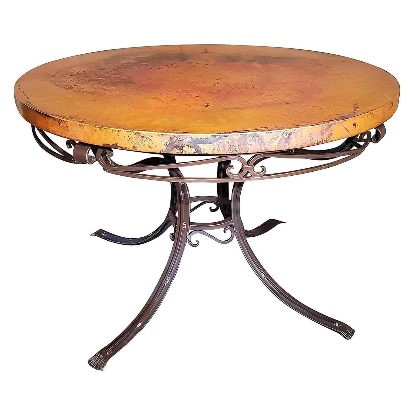 Florence 48" Round Copper Top Dining Table with 4 Iron Scroll-Back Chairs
