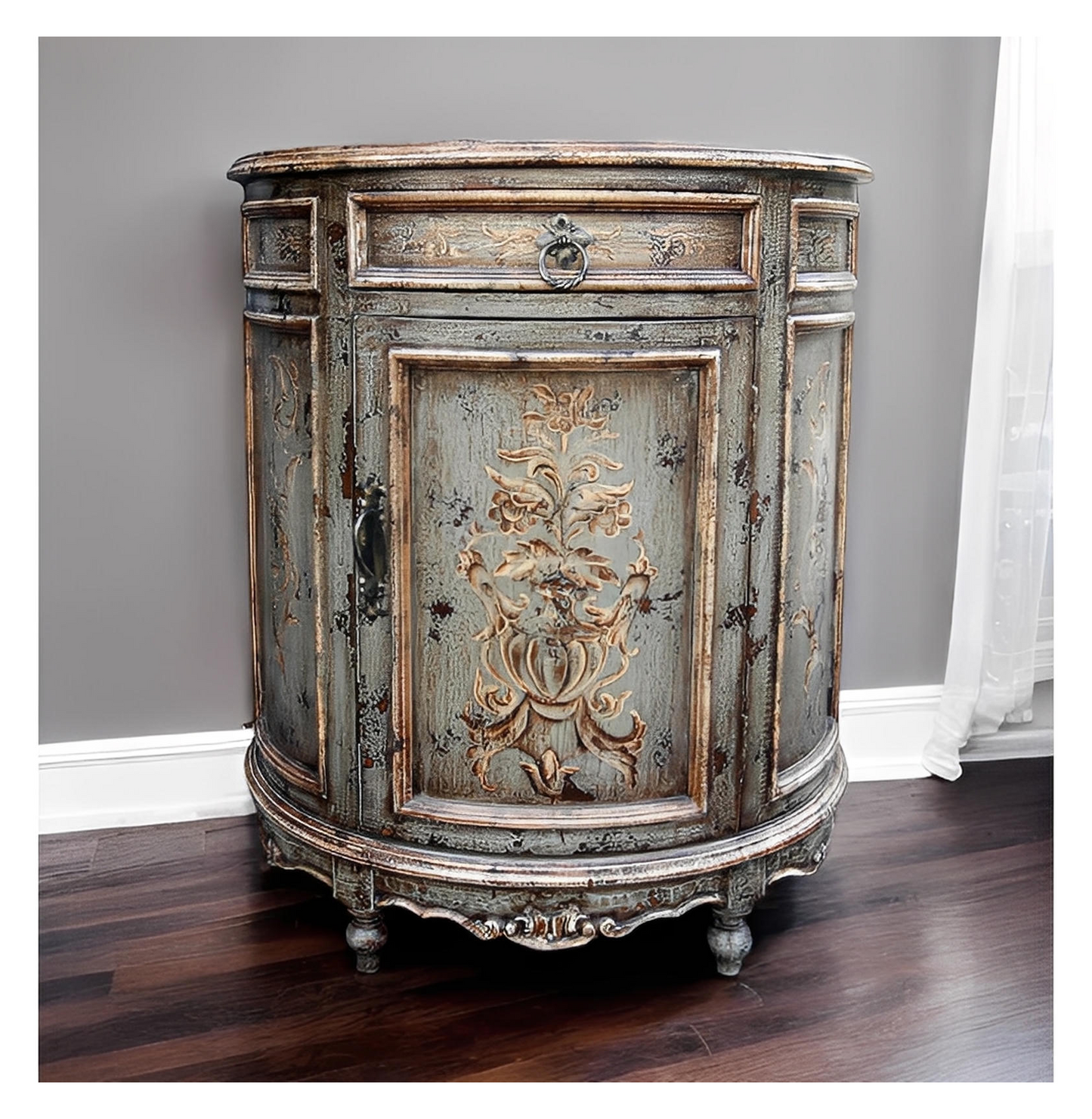 La Flèche Chest, Weathered Teal, Ornate Carved Floral Front With Distressed Vintage Finish