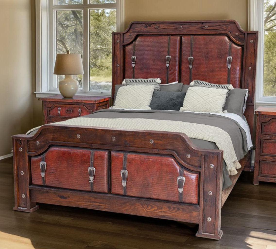 Sierra Saddle Dark Walnut Bed With Dark Red Crocodile Print Leather & Strap Accents, Hand-Carved, Optional Nightstands - Includes Full Service Delivery