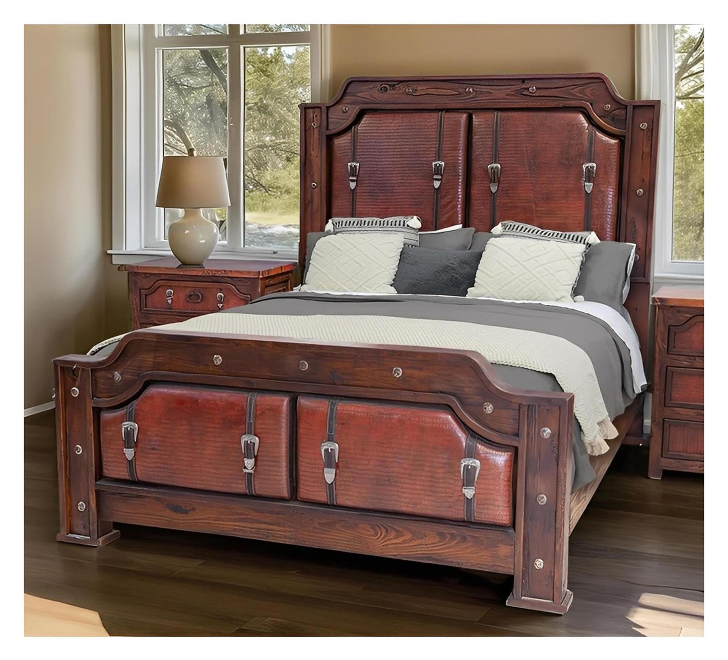 Sierra Saddle Dark Walnut Bed With Dark Red Crocodile Print Leather & Strap Accents, Hand-Carved, Optional Nightstands - Includes Full Service Delivery
