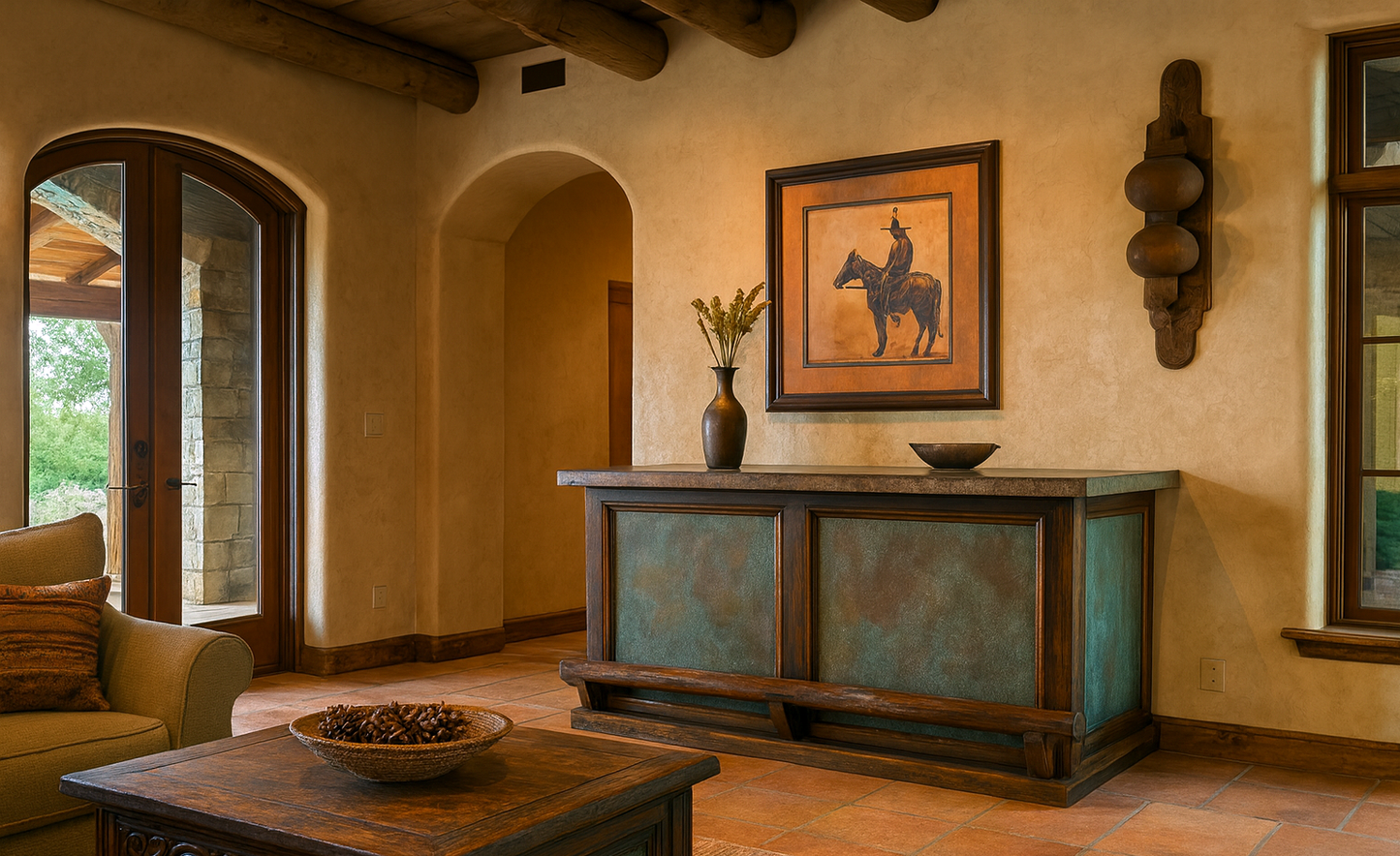 Desert Wind Rustic Home Wooden Bar with Verdi-Gris Copper Panels, Copper Top, & Log Footrail