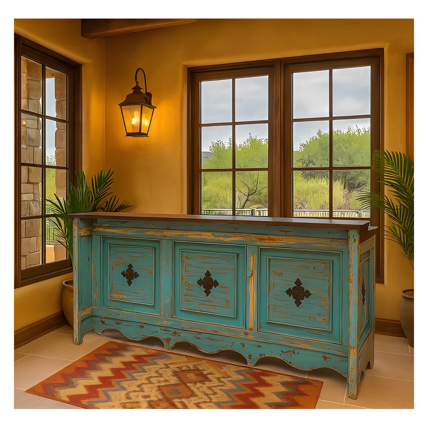Santa Fe Cantina Bar – Turquoise Distressed Wood with Rustic Charm