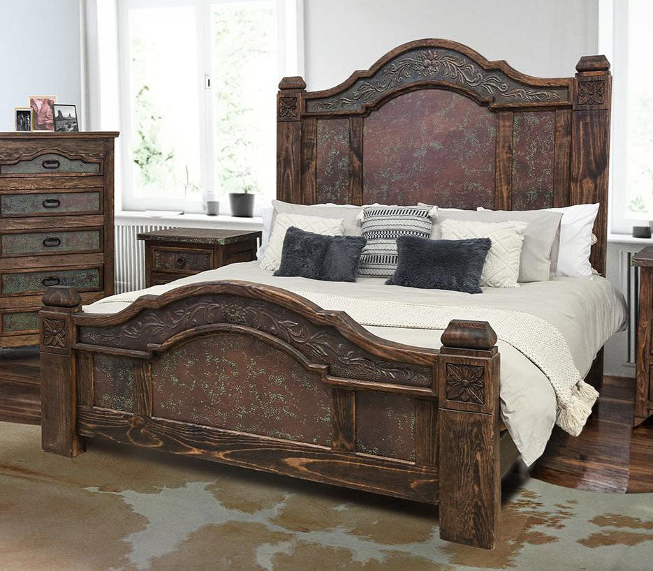 Durango Southwestern Rustic Bed in Walnut Wood Carved Panels & Copper - Includes Full Service Delivery
