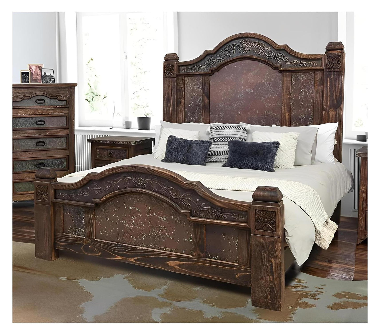 Durango Southwestern Rustic Bed in Walnut Wood Carved Panels & Copper - Includes Full Service Delivery