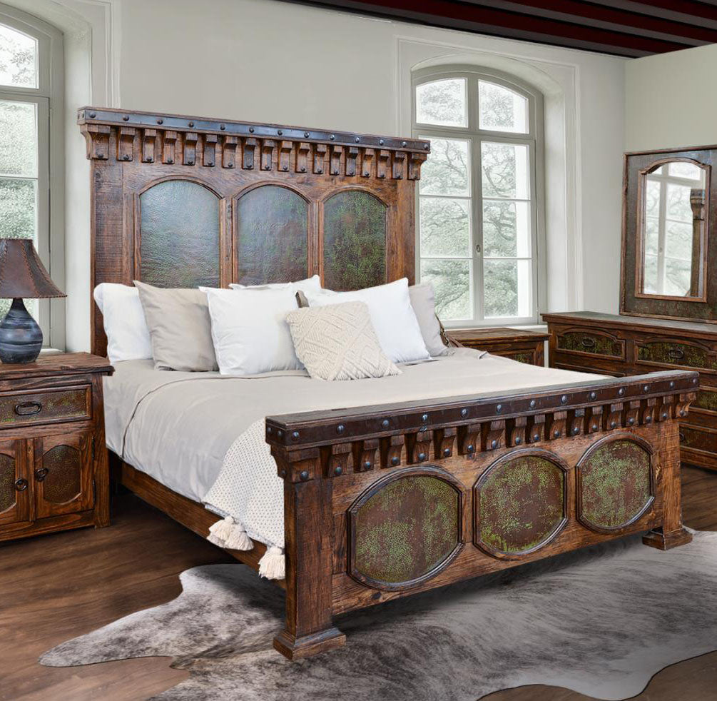 El Jefe Western Rustic Solid Wood Bed With Green Copper Inlays - Includes Full Service Delivery