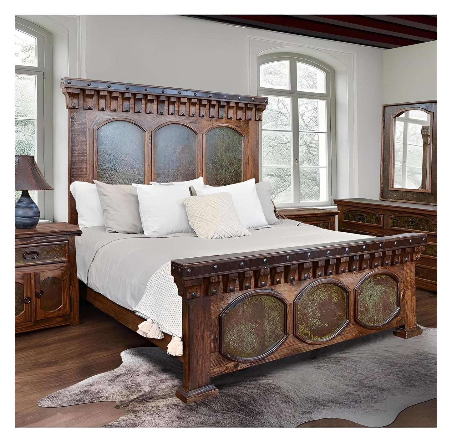 Durango II Western Rustic Solid Wood Bed With Green Copper Inlays - Includes Full Service Delivery