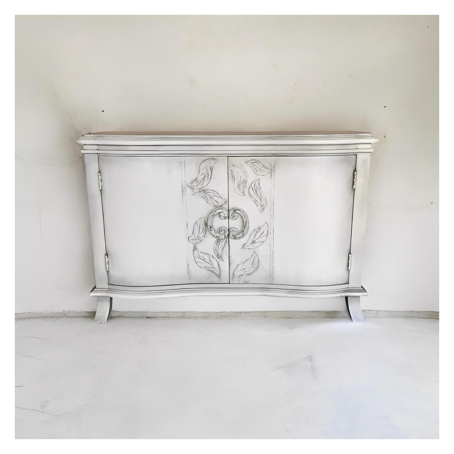 La Turbie Chest, Distressed White Finish, Hand Painted Leaf Motif On Doors, Ornate Ring Pull Hardware