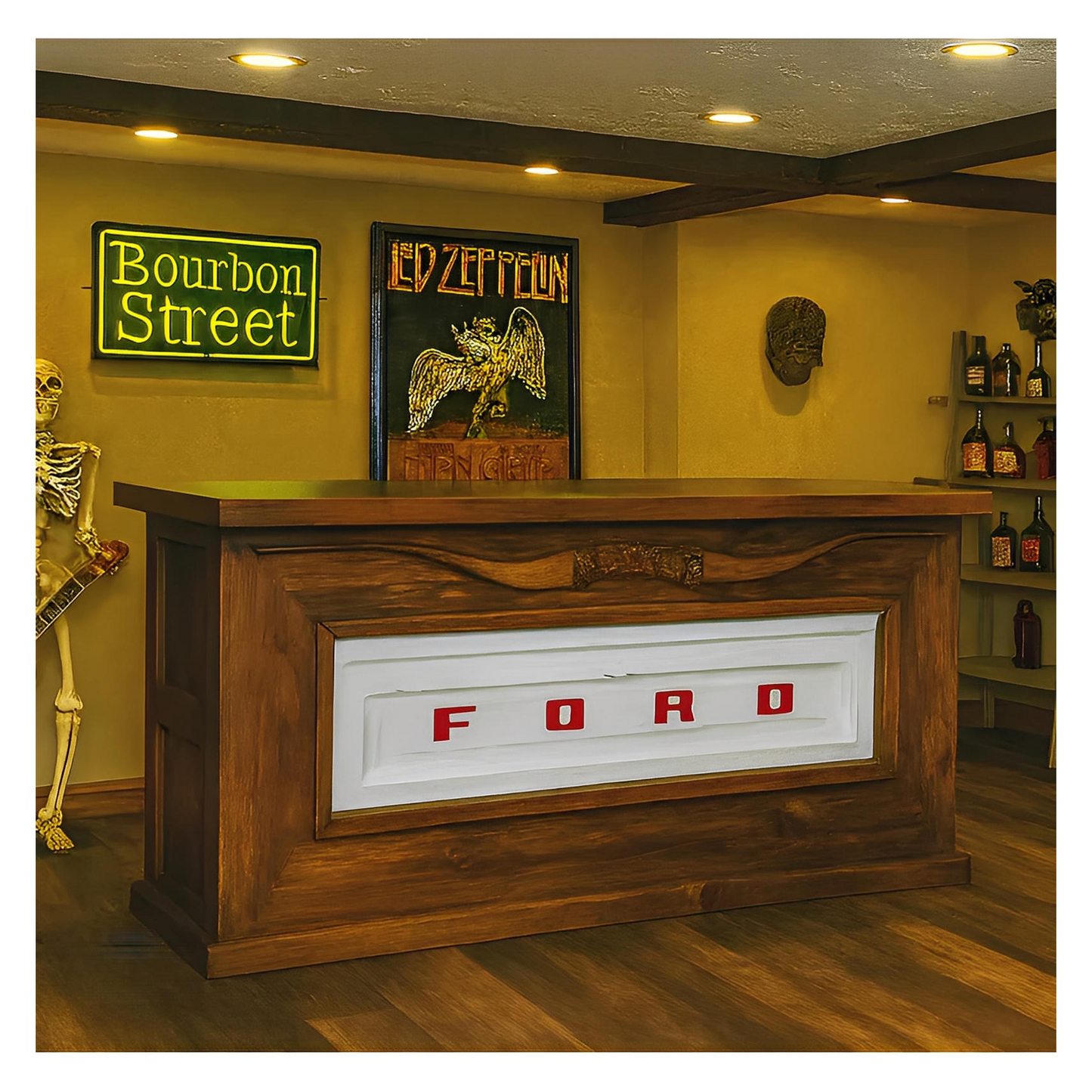 Motor City Wooden Home Bar with Hand-Carved Bull Horns and Built-in WHITE Ford Truck Tailgate 76"x24"x42", Rustic, Western