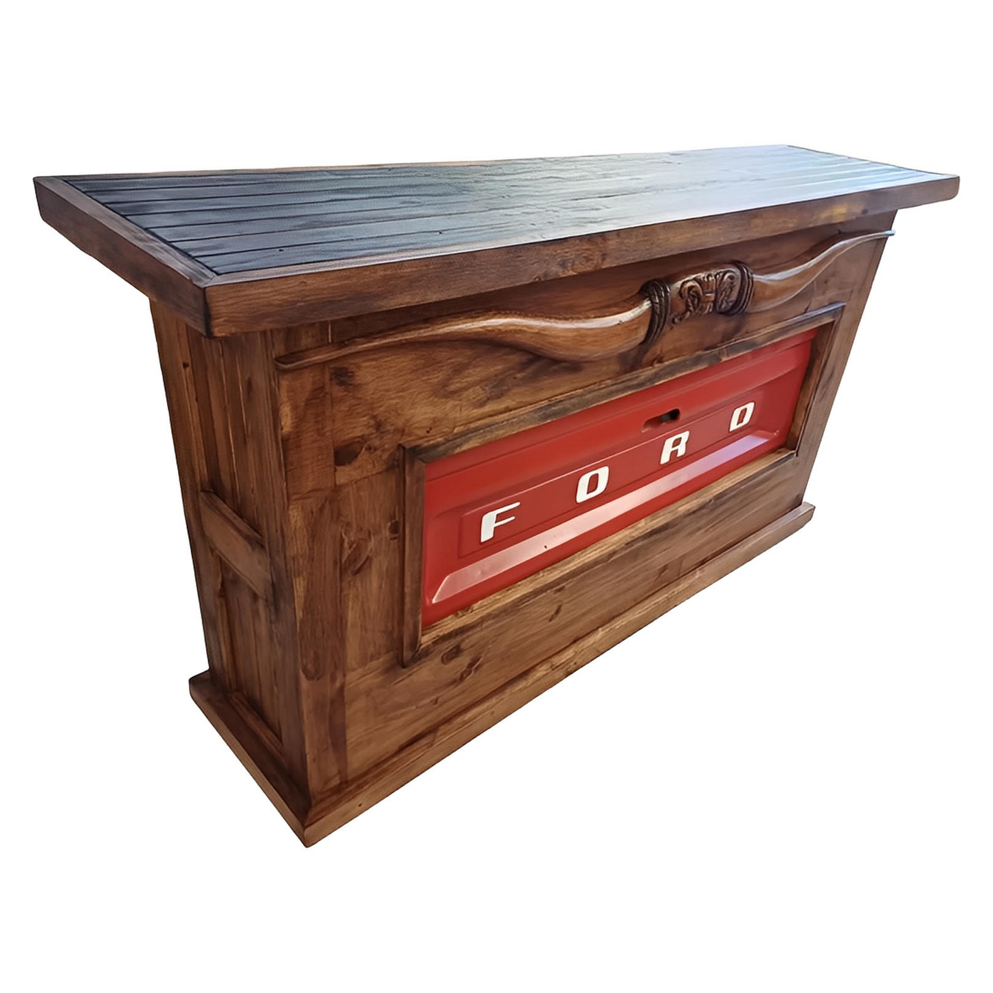 Motor City Wooden Home Bar with Hand-Carved Bull Horns and Built-in RED Ford Truck Tailgate 76"x24"x42", Rustic, Western