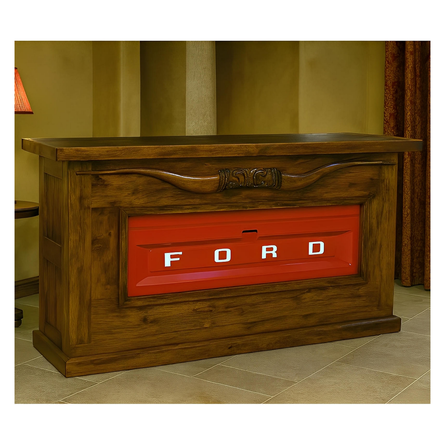 Motor City Wooden Home Bar with Hand-Carved Bull Horns and Built-in RED Ford Truck Tailgate 76"x24"x42", Rustic, Western