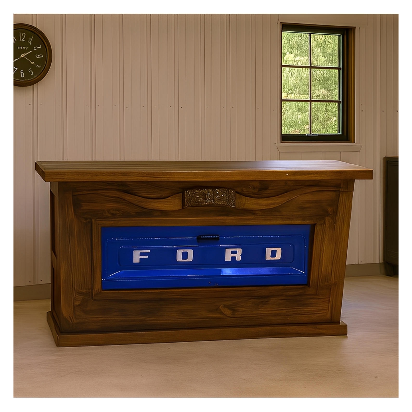 Motor City Wooden Home Bar with Hand-Carved Bull Horns and Built-in BLUE Ford Truck Tailgate 76"x24"x42", Rustic, Western