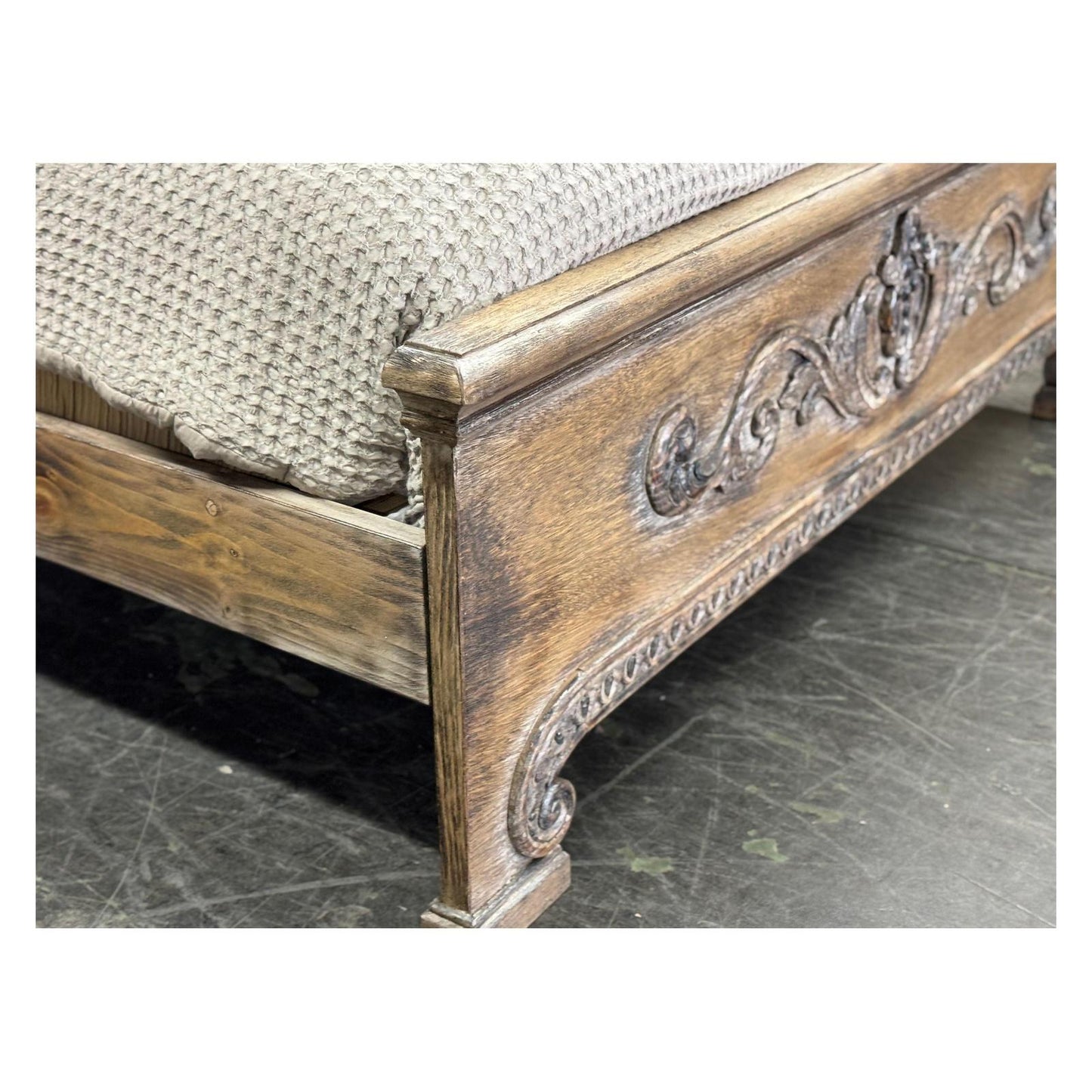 AURELIAN BED 87" Tall | Carved Headboard with Tufted Tan Fabric | Rustic Distressed Finish | Brown Wood | Bed Only | Includes Delivery and Assembly