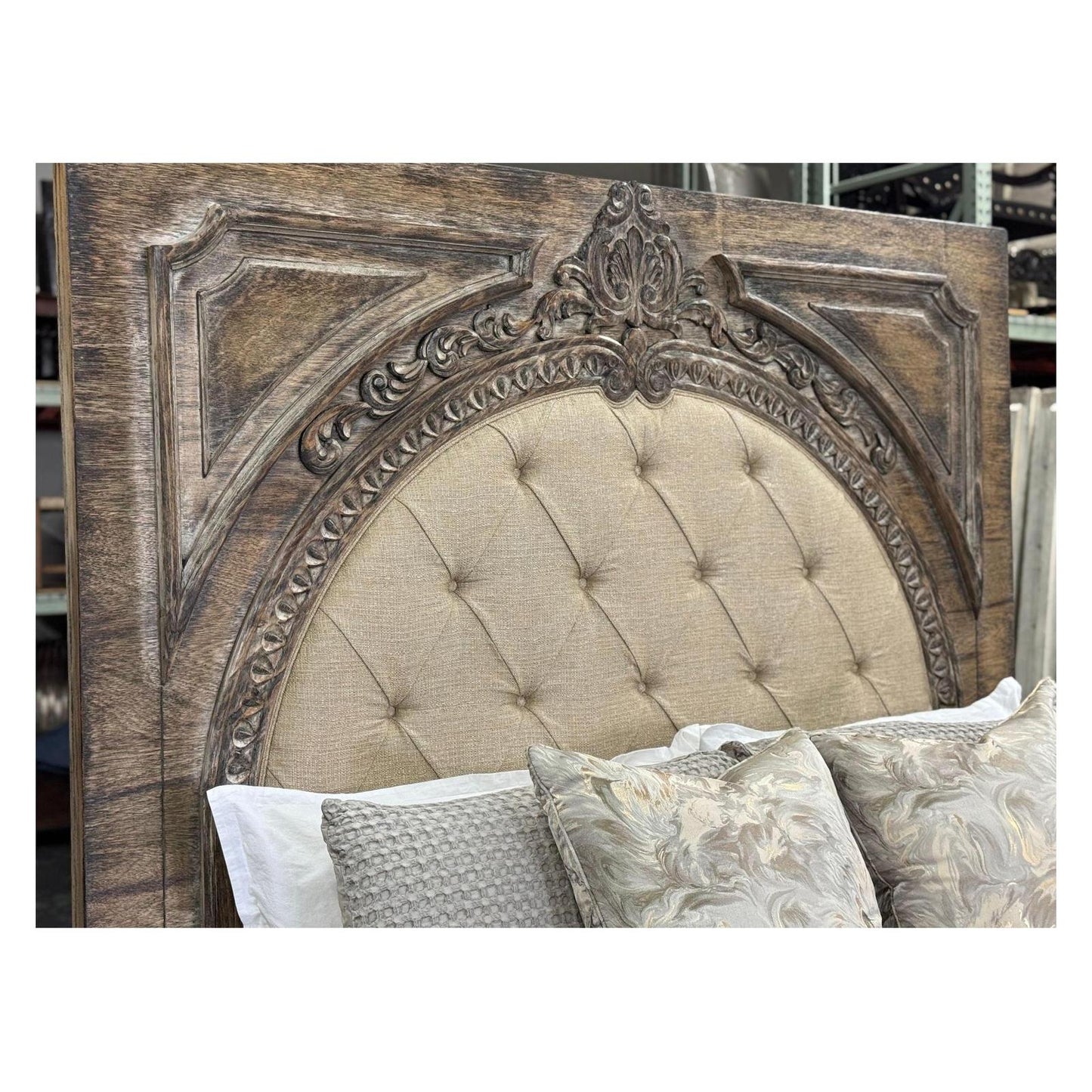 AURELIAN BED 87" Tall | Carved Headboard with Tufted Tan Fabric | Rustic Distressed Finish | Brown Wood | Bed Only | Includes Delivery and Assembly