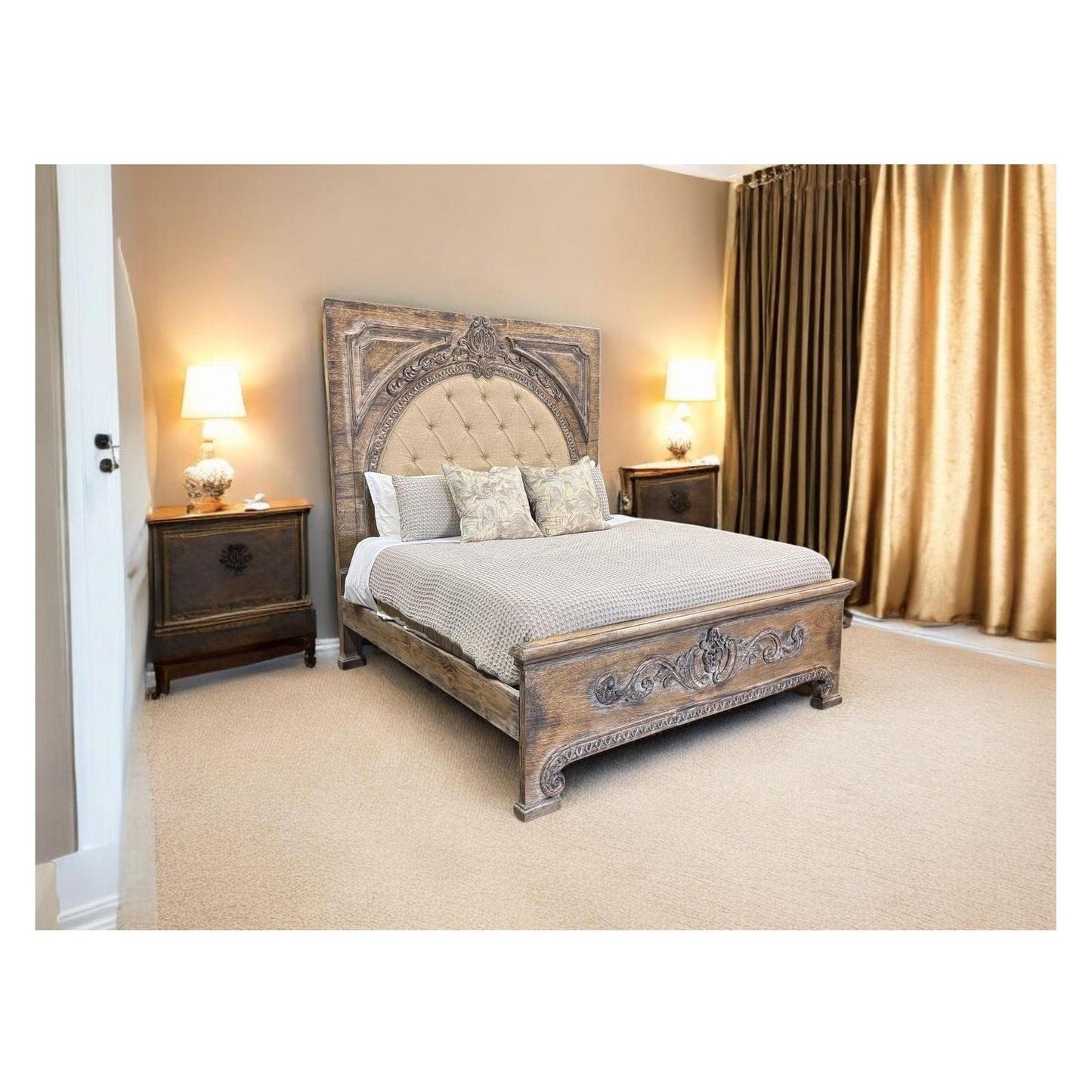 AURELIAN BED 87" Tall | Carved Headboard with Tufted Tan Fabric | Rustic Distressed Finish | Brown Wood | Bed Only | Includes Delivery and Assembly
