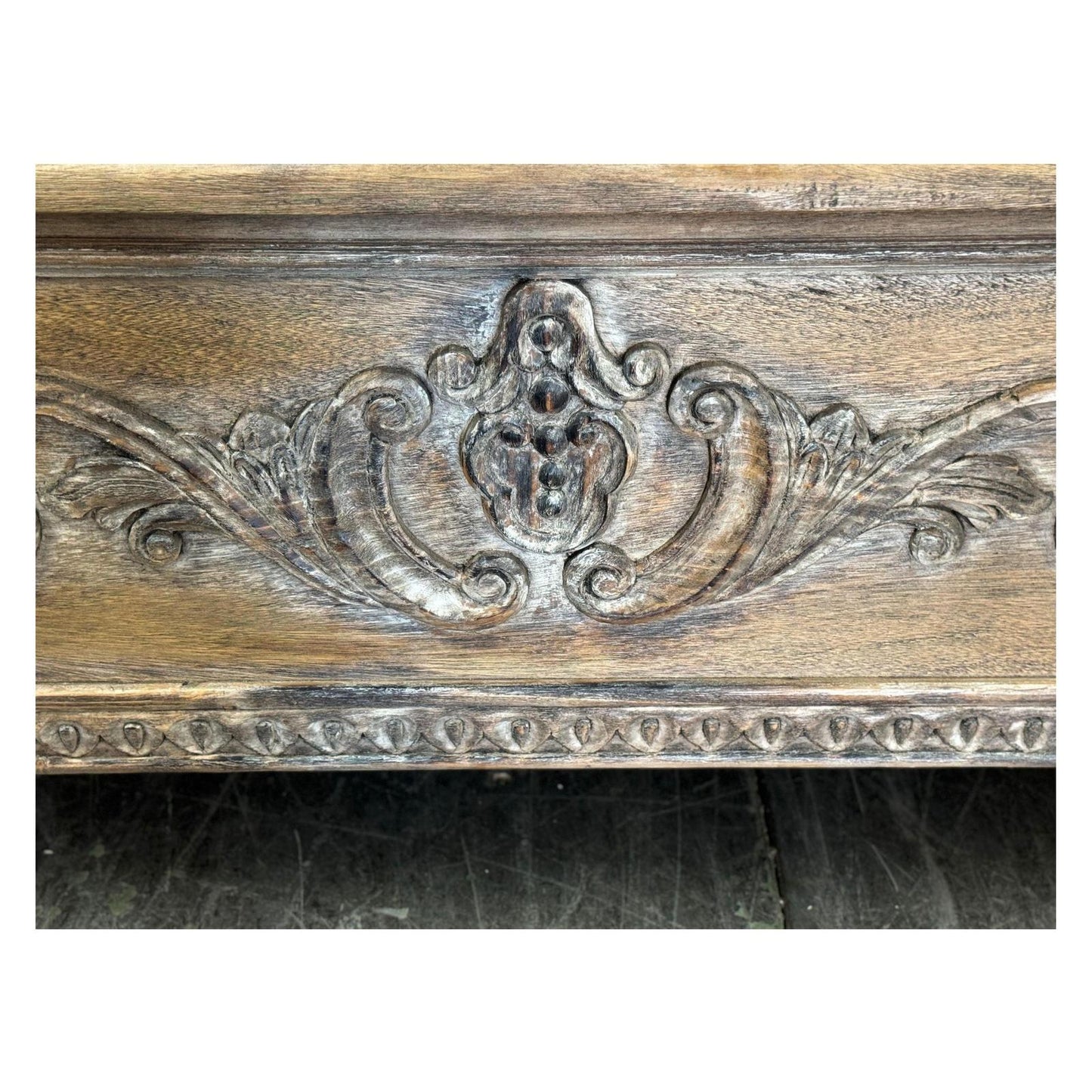 AURELIAN BED 87" Tall | Carved Headboard with Tufted Tan Fabric | Rustic Distressed Finish | Brown Wood | Bed Only | Includes Delivery and Assembly