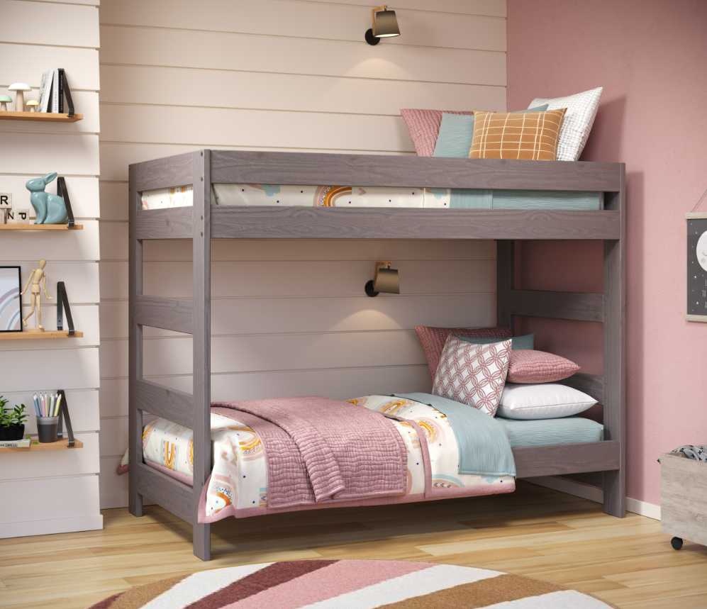 Affordable Double Twin Bunk Bed (One-Piece) with a built-in ladder; Walnut Gray Finish, Constructed from Solid Pine Wood, Includes 2) Slat Kits