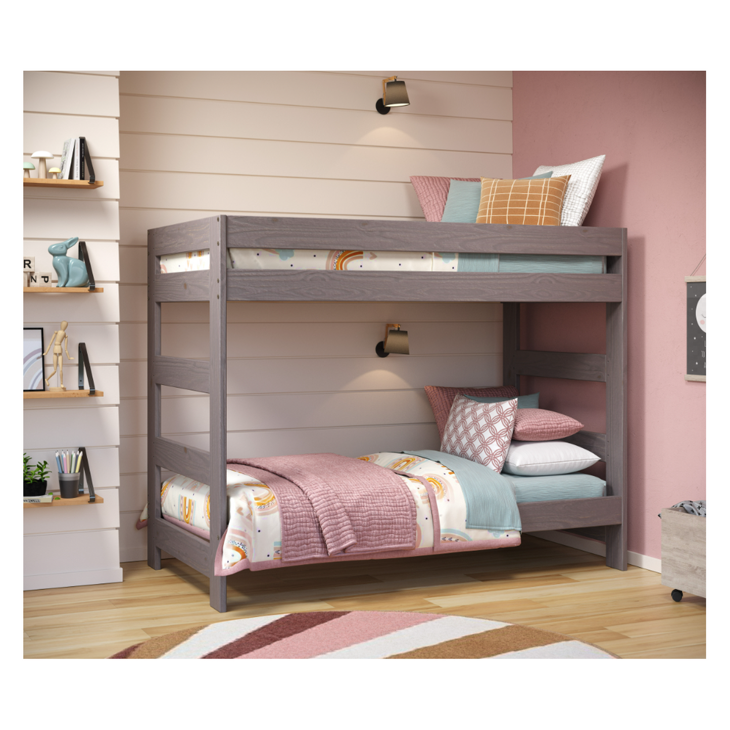 Affordable Double Twin Bunk Bed (One-Piece) with a built-in ladder; Walnut Gray Finish, Constructed from Solid Pine Wood, Includes 2) Slat Kits