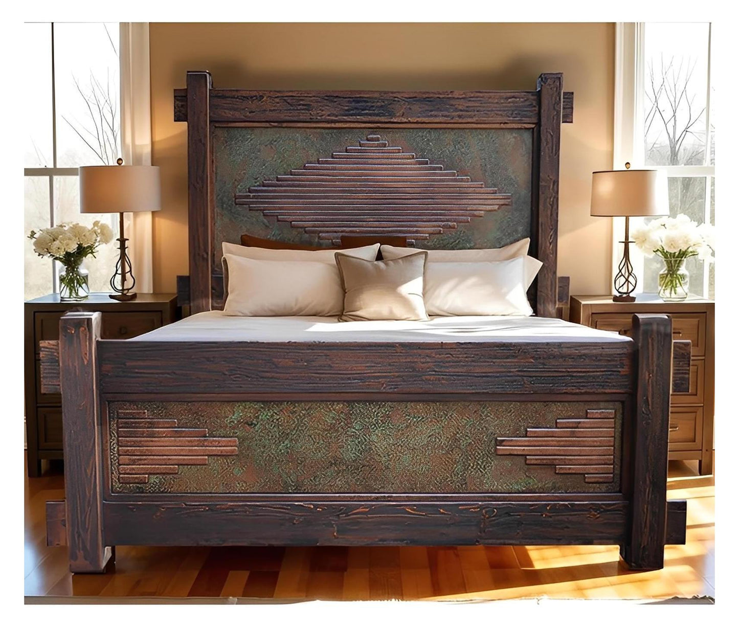 WyldRidge Southwest Rustic Handcarved Wood Bed Walnut with Copper Inlay Panels - Includes Full Service Delivery