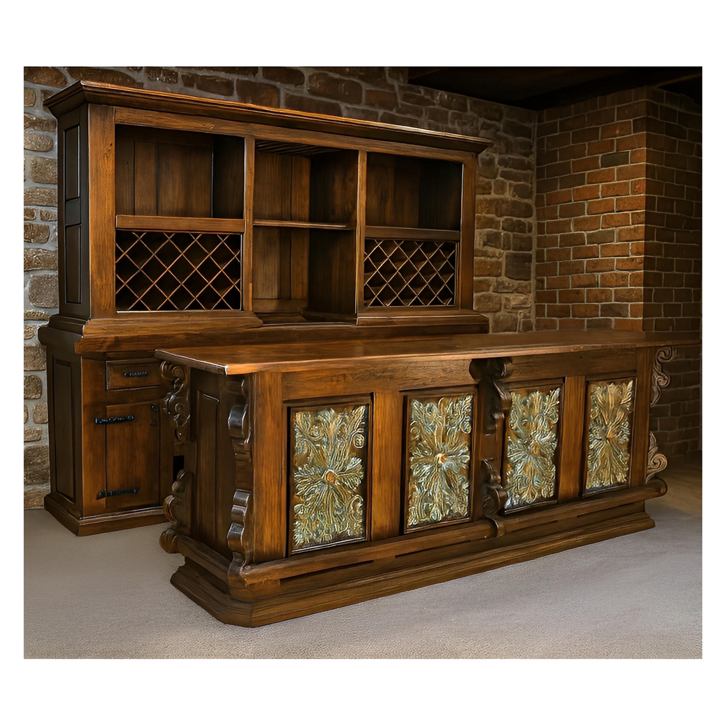 Castillo Hacienda 2-Piece Bar & Hutch Set | Turquoise Carved Panels