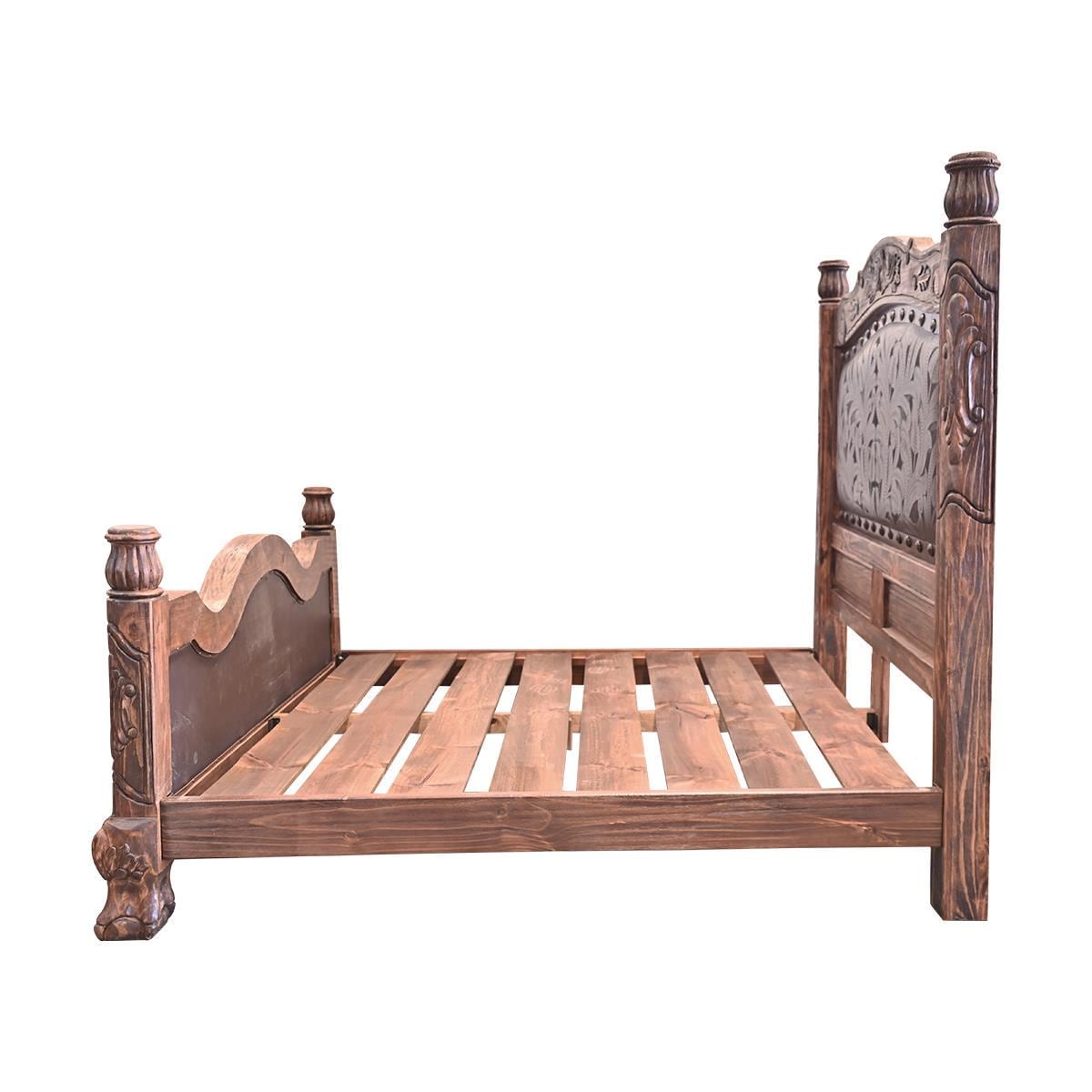 Red Creek Ranch King Bed | genuine leather headboard and footboard panels | hand-carved | Includes Full Service Delivery