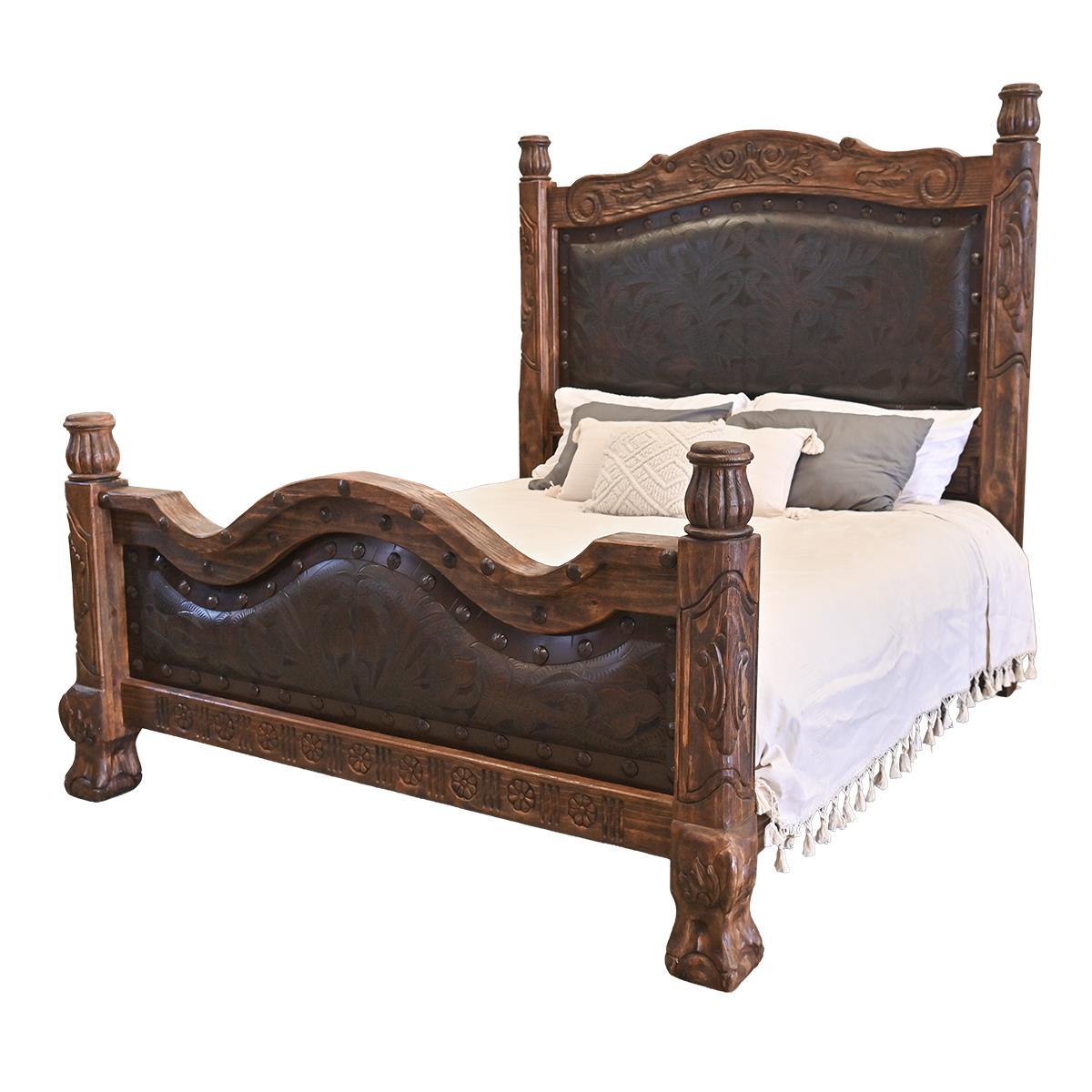 Red Creek Ranch King Bed | genuine leather headboard and footboard panels | hand-carved | Includes Full Service Delivery