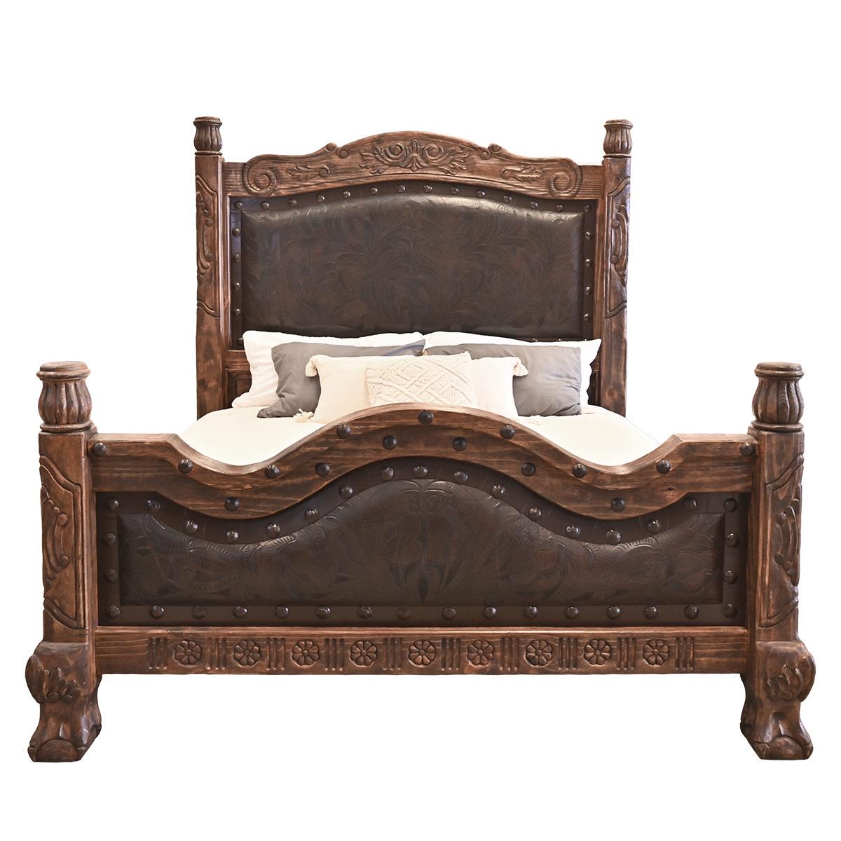 Red Creek Ranch Queen Bed | genuine leather headboard and footboard panels | hand-carved | Includes Full Service Delivery