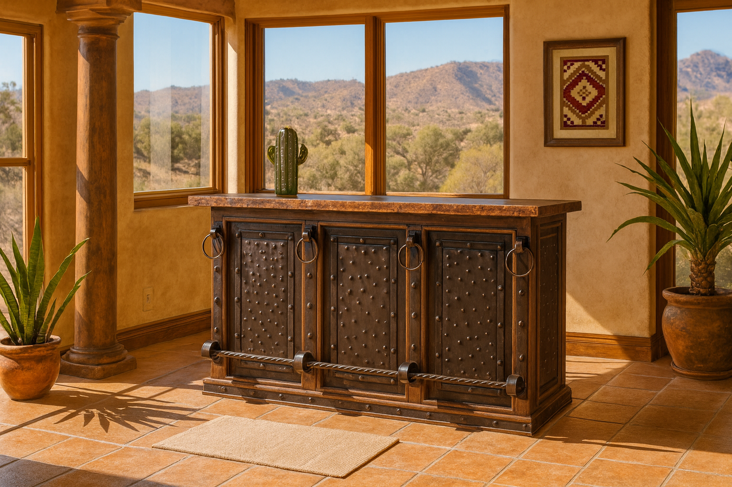 Ironclad Forge Bar with Chiseled Stone Top & Hammered Steel Panels