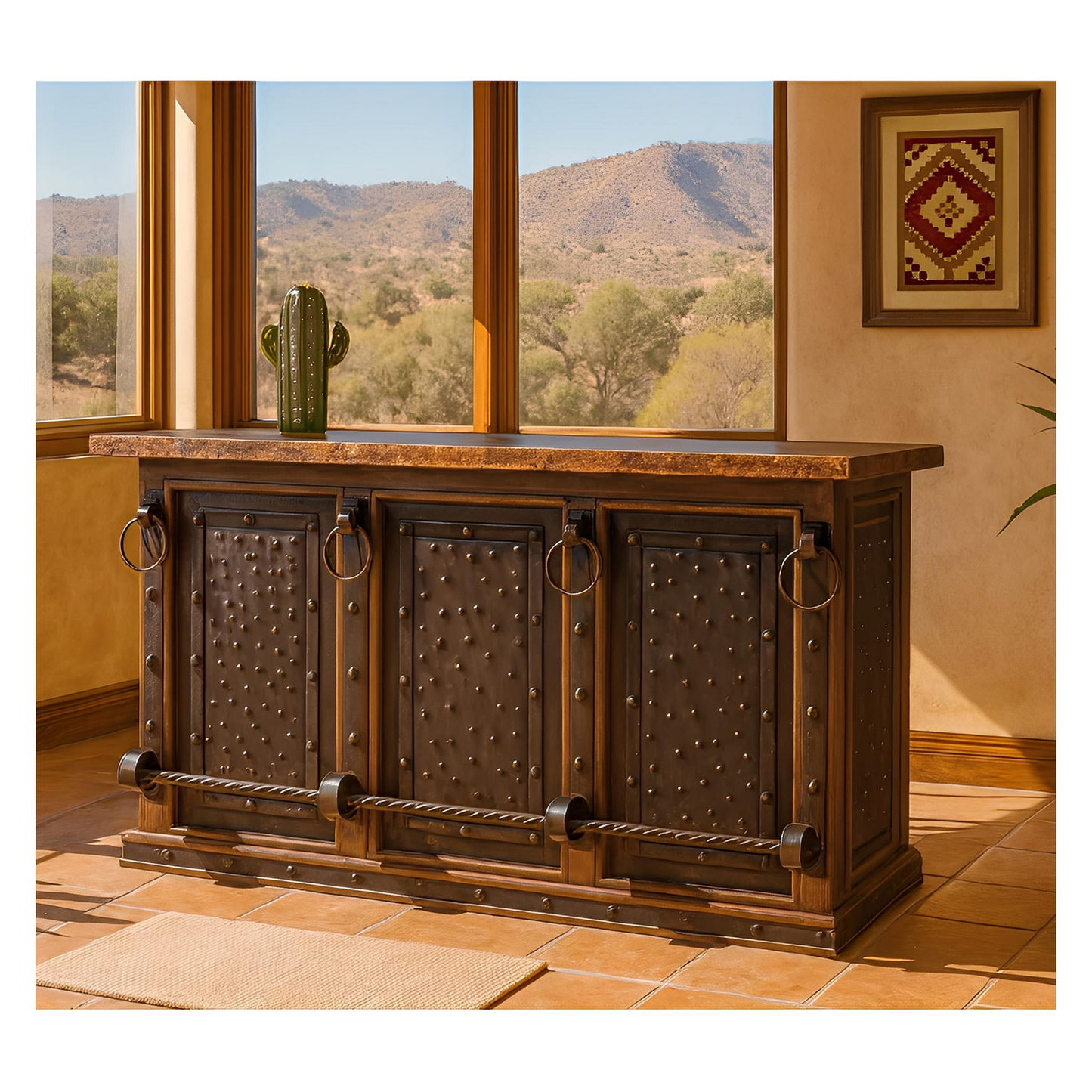 Ironclad Forge Bar with Chiseled Stone Top & Hammered Steel Panels