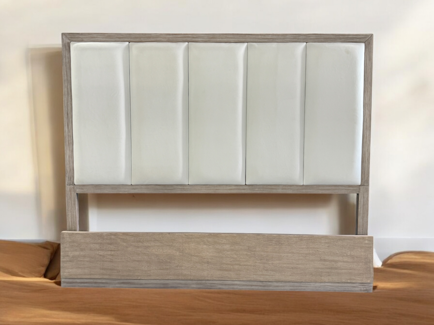 DEAN MODERN COASTAL PLATFORM KING BED 66" Tall | Headboard Features White Leather Upholstered Panels | Natural Wood Frame | Bed Only | Includes Delivery and Assembly