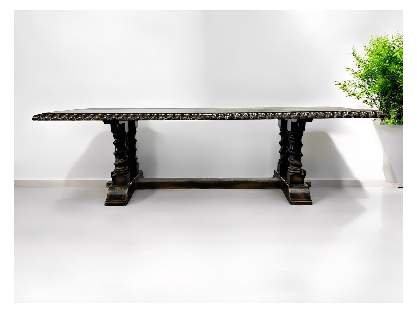 Turenne Dining Table - Rectangular, Black With Antique Gold Trim, Hand-Tooled Border