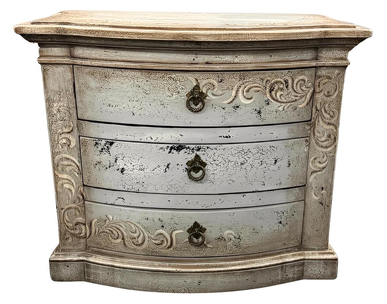 Meursault Nightstand, Distressed Silver Finish, Ornate Scrollwork and Curved Front Design
