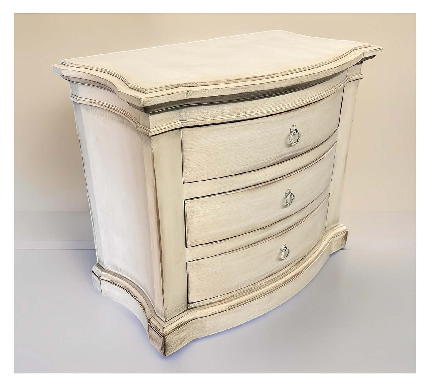 Celeste Nightstand, Cream, Distressed White-Washed Finish With Antique Ring Pulls, Hand-Painted Details