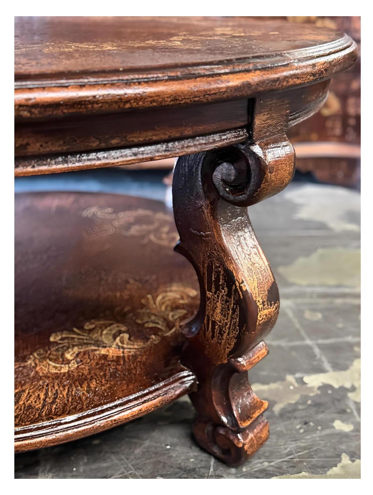 Rocamadour Coffee Table - Round, Antique Copper Brown, Two-Tier Round Shelves With Ornate Carved Legs
