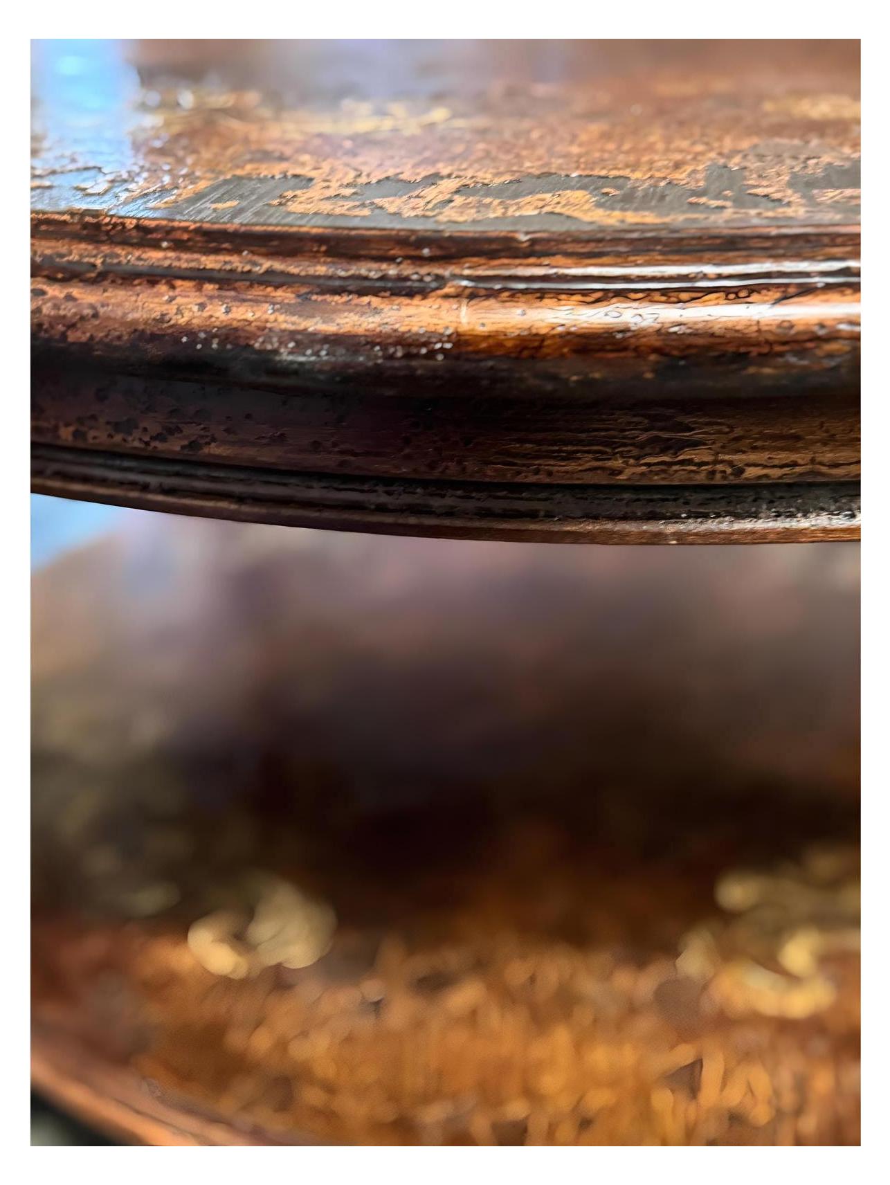 Rocamadour Coffee Table - Round, Antique Copper Brown, Two-Tier Round Shelves With Ornate Carved Legs