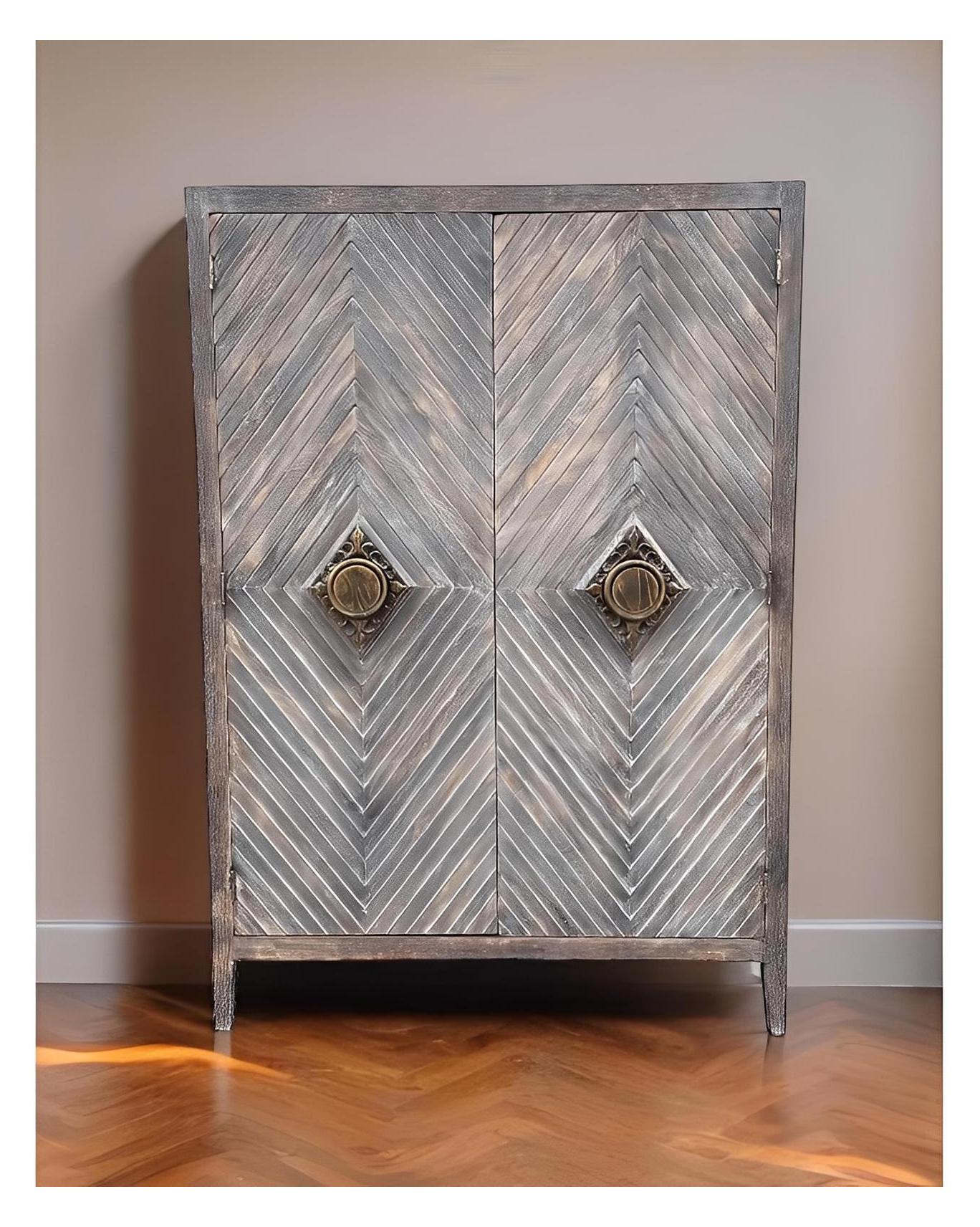 Apt Armoire, Dark Walnut, Chevron Wood Front With Antique Brass Knob