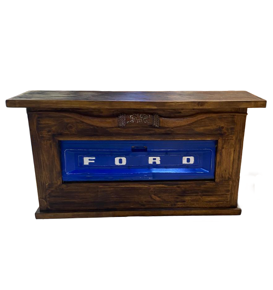 Motor City Wooden Home Bar with Hand-Carved Bull Horns and Built-in BLUE Ford Truck Tailgate 76"x24"x42", Rustic, Western