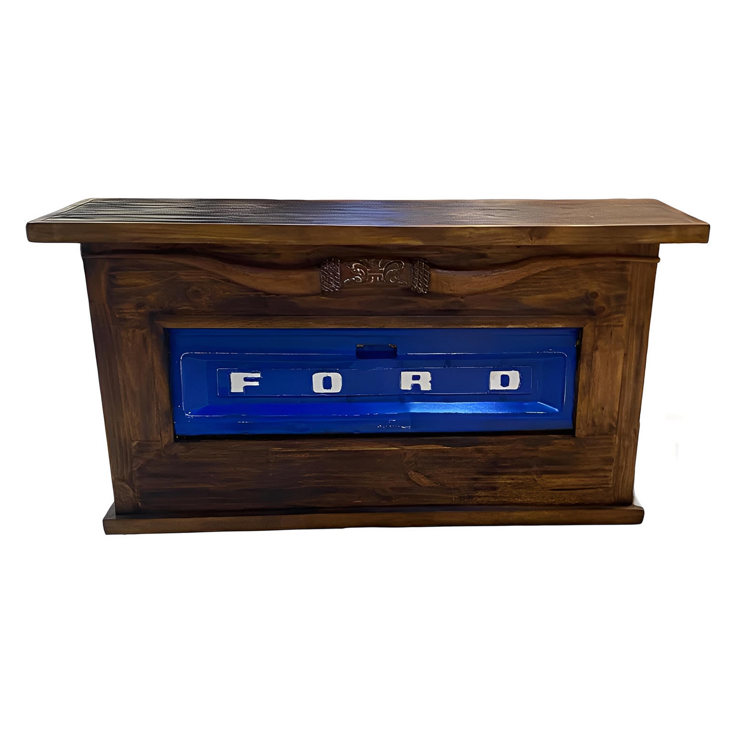 Motor City Wooden Home Bar with Hand-Carved Bull Horns and Built-in BLUE Ford Truck Tailgate 76"x24"x42", Rustic, Western
