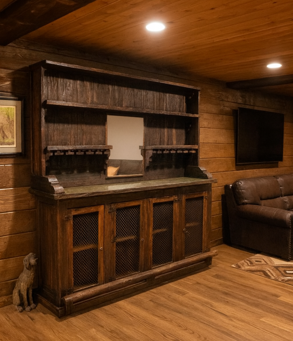 Old West Rustic Bar Back Hutch with Wine Glass Storage & Display Shelves, Hand-Carved